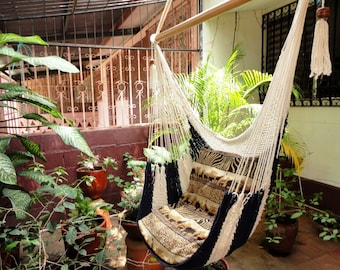 Beige and Navy Sitting Hammock, Hanging Chair Natural Cotton and Wood