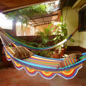 White colorful Hammock, Double size Hammock Hand Woven with Simple Fringe. image 2