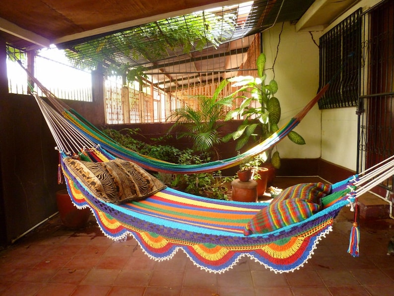 White colorful Hammock, Double size Hammock Hand Woven with Simple Fringe. image 2