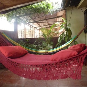 Magic Red Wine Hammock, Hand Woven Natural Cotton with Bell Fringe Crochet