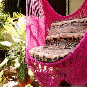 Fuchsia Sitting Hammock with Fringe, Hanging Chair Natural Cotton and Wood