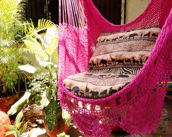 Fuchsia Sitting Hammock with Fringe, Hanging Chair Natural Cotton and Wood