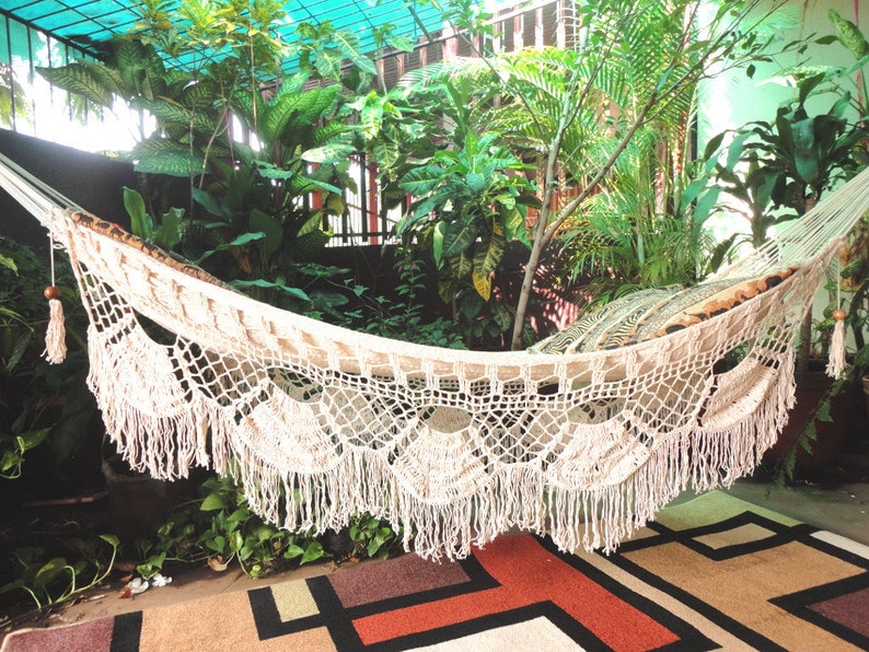 Hammock Beige Single Boho Style, Hammock hand woven Natural Cotton, shredded Fringe image 2