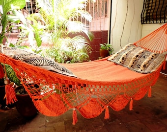 Orange Single Hammock hand-woven Natural Cotton Special Fringe