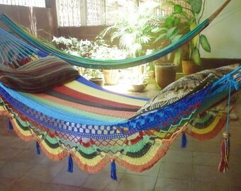 Multi Color Single size Hammock. Handwoven Natural Cotton with Special Fringe.