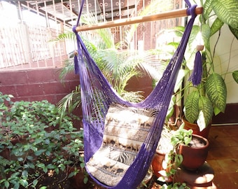 Purple Sitting Hammock, Hanging Chair Natural Cotton and Wood