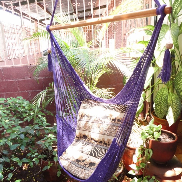 Purple Sitting Hammock, Hanging Chair Natural Cotton and Wood
