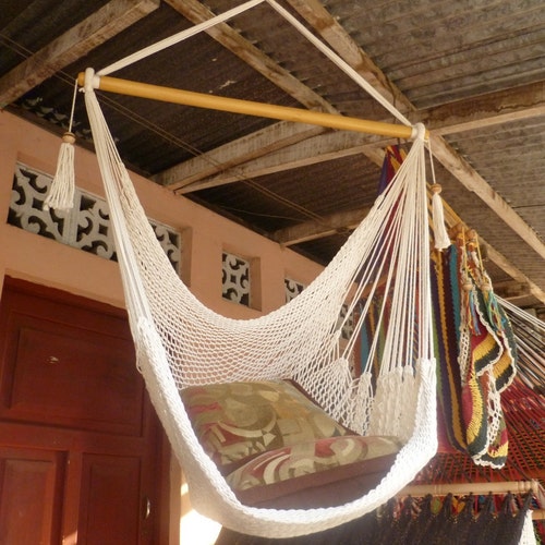 Black Sitting Hammock Hanging Chair Natural Cotton and Wood Etsy