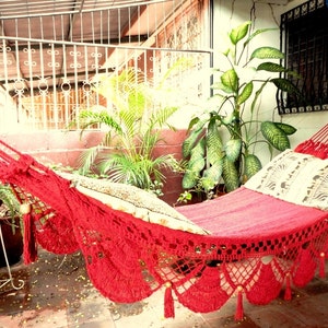 Red Hammock, Hand Woven Natural Cotton with Special Fringe image 5