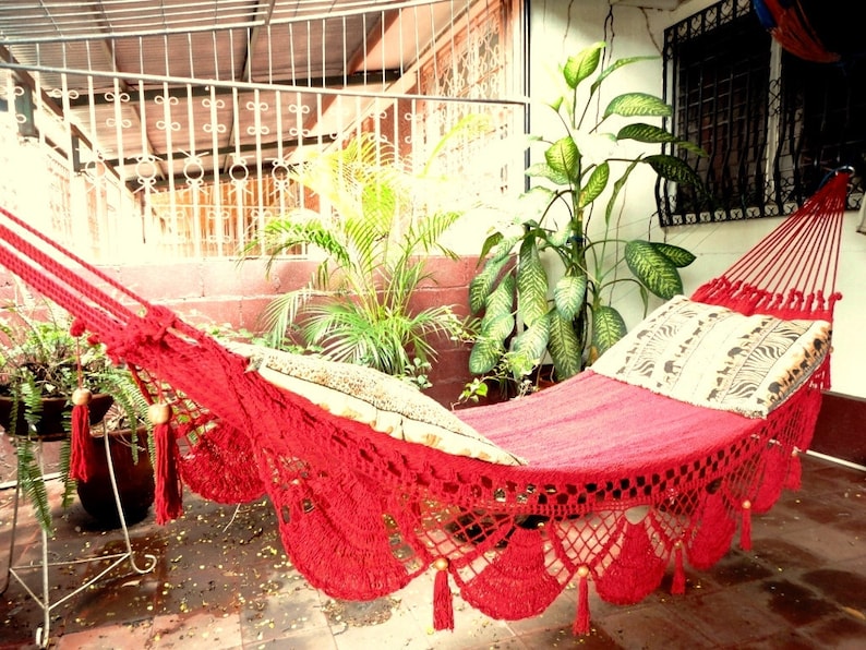 Red Hammock, Hand Woven Natural Cotton with Special Fringe image 5