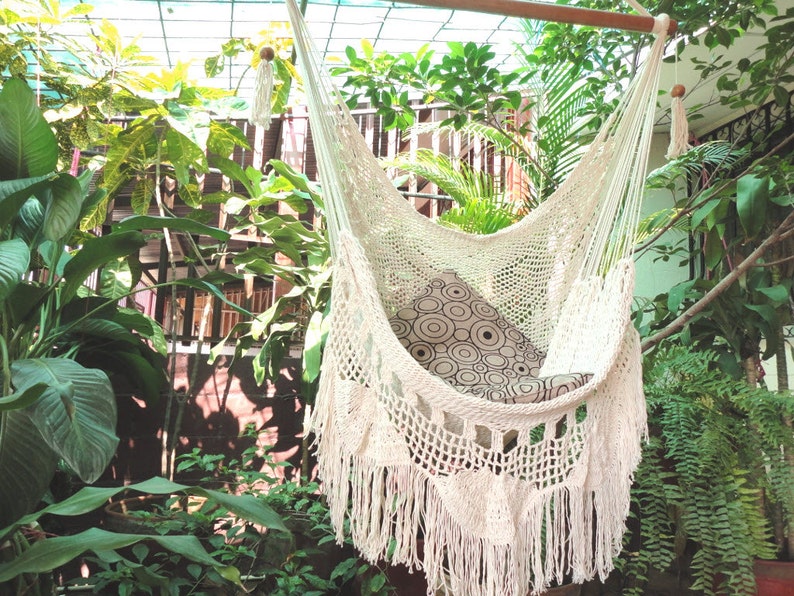 Hammock Chair Handmade with Natural Cotton and Wood. Indoor Outdoor Hanging Chair Swing. Beige White Reading Chair image 3