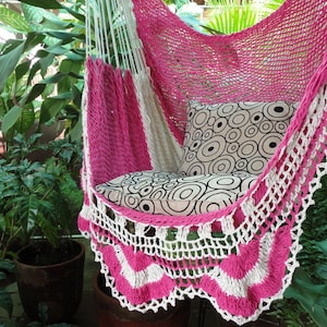 Fuchsia and Beige Hammock with Simple Fringe, Hanging Chair Natural Cotton and Wood