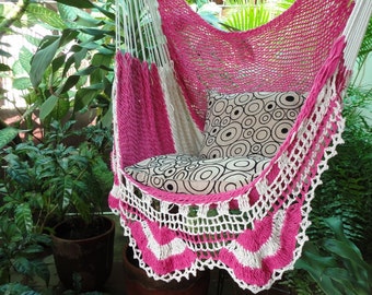 Fuchsia and Beige Hammock with Simple Fringe, Hanging Chair Natural Cotton and Wood