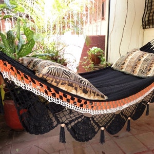 Black two lines Hammock, Hand Woven Natural Cotton with Special Fringe image 1