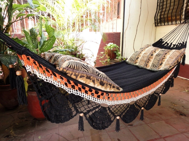 Black two lines Hammock, Hand Woven Natural Cotton with Special Fringe image 1