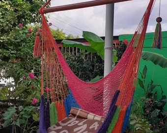 Fuchsia Turquoise Orange Pistachio Violet Sitting Hammock, Hanging Chair Natural Cotton and Wood