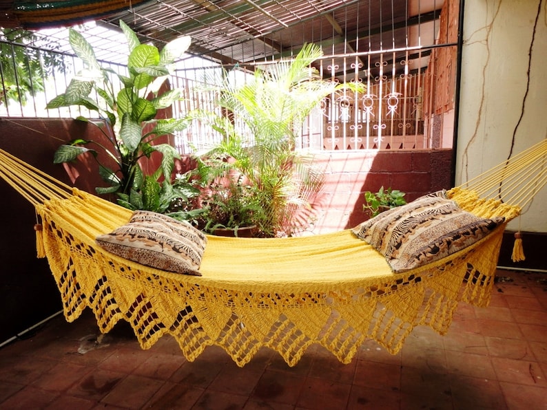 One Color Double Hammock Handmade Natural Cotton Triangle Fringe image 2