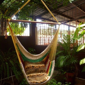 Vibrant Multicolor Hanging Hammock Chair Natural Cotton and Wood for Indoor and Outdoor Use image 4