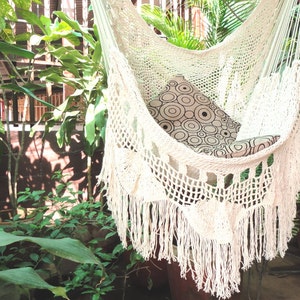 Hammock Chair Handmade with Natural Cotton and Wood. Indoor Outdoor Hanging Chair Swing. Beige White Reading Chair image 1