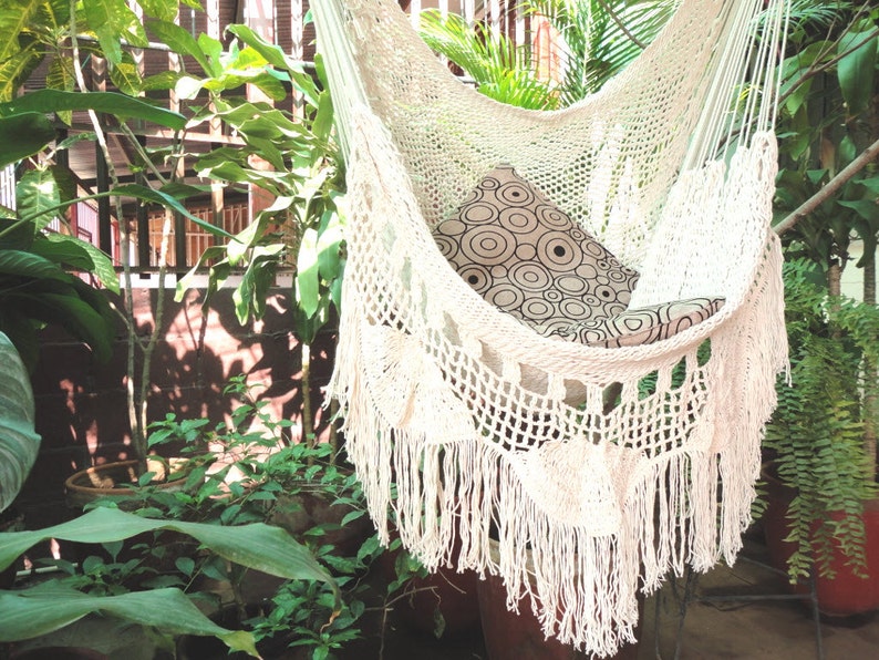 Hammock Chair Handmade with Natural Cotton and Wood. Indoor Outdoor Hanging Chair Swing. Beige White Reading Chair image 1