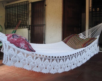 Beige Single Hammock hand-woven Natural Cotton with Bell Fringe Crochet