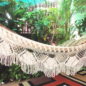 Hammock Beige Single Boho Style, Hammock hand woven Natural Cotton, shredded Fringe image 4