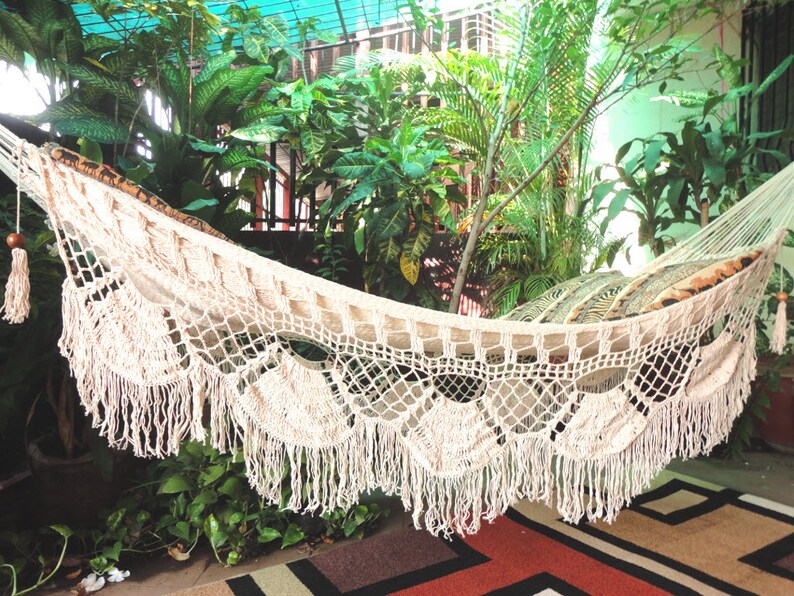 Hammock Beige Single Boho Style, Hammock hand woven Natural Cotton, shredded Fringe image 4