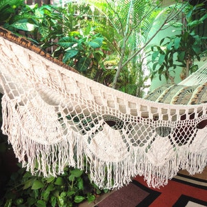 Hammock Beige Single Boho Style, Hammock hand woven Natural Cotton, shredded Fringe image 1