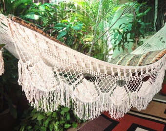 Hammock Beige Single Boho Style, Hammock hand woven Natural Cotton, shredded Fringe