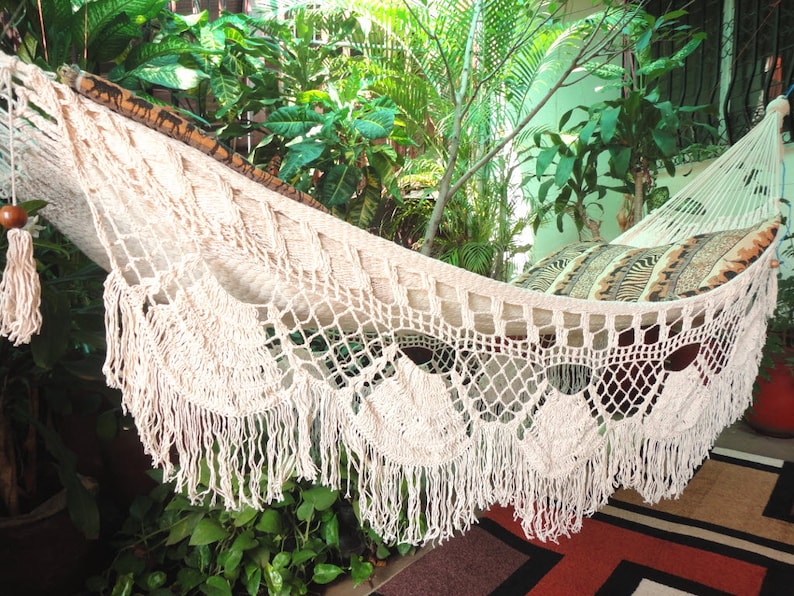 Hammock Beige Single Boho Style, Hammock hand woven Natural Cotton, shredded Fringe image 1