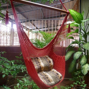 Red Sitting Hammock, Hanging Chair Natural Cotton and Wood image 1