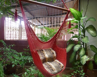 Red Sitting Hammock, Hanging Chair Natural Cotton and Wood