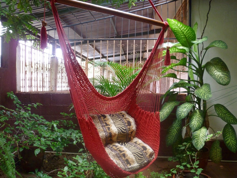 Red Sitting Hammock, Hanging Chair Natural Cotton and Wood image 1