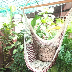 Red Wine and White Bulico Sitting Hammock, Hanging Chair Natural Cotton and Wood