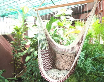 Red Wine and White Bulico Sitting Hammock, Hanging Chair Natural Cotton and Wood