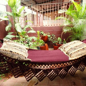 One Color Red Wine Single Hammock Hand-Woven Natural Cotton Triangle Fringe image 2