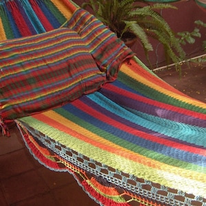 Hammocks, Multicolor, center Turquoise Double Hammock hand woven Natural Cotton with Simple Fringe