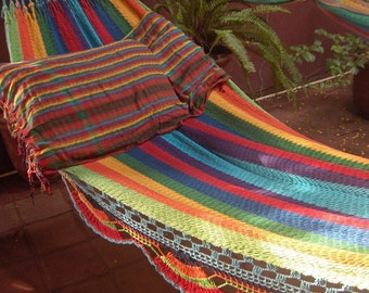 Hammocks, Multicolor, center Turquoise Double Hammock hand woven Natural Cotton with Simple Fringe