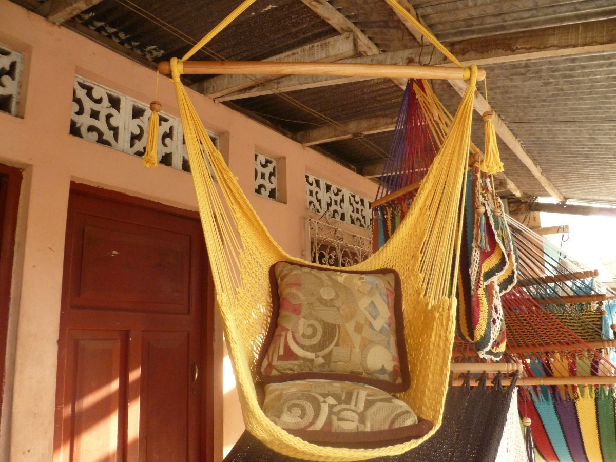Yellow Sitting Hammock Hanging Chair Natural Cotton and Wood Etsy
