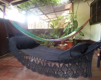 Magic Black Magic Hammock, Hand Woven Natural Cotton with Bell Fringe Crochet