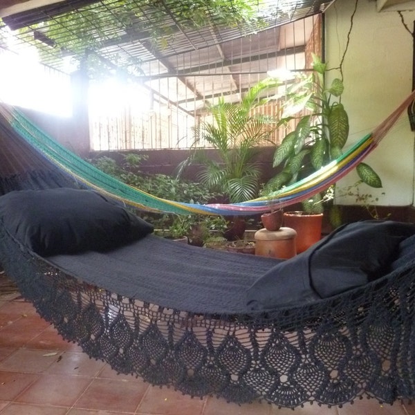 Magic Black Magic Hammock, Hand Woven Natural Cotton with Bell Fringe Crochet