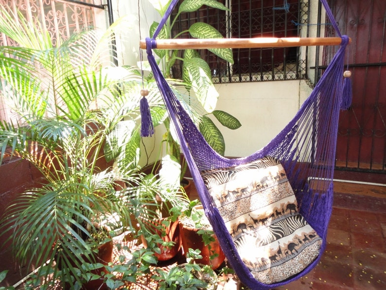 Purple Sitting Hammock Hanging Chair Natural Cotton and Wood Etsy