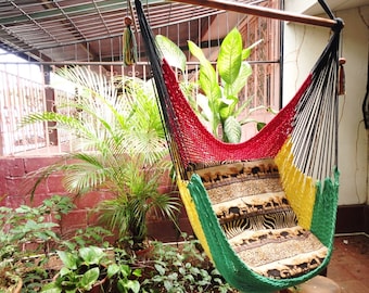 Red Yellow and Green Rastafari Sitting Hammock, Hanging Chair Natural Cotton and Wood