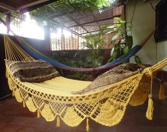 Magic Yellow Magic Hammock, Hand Woven Natural Cotton with Special Fringe