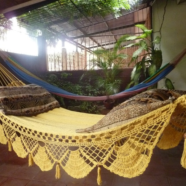 Magic Yellow Magic Hammock, Hand Woven Natural Cotton with Special Fringe