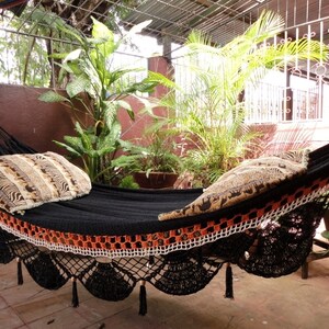 Black two lines Hammock, Hand Woven Natural Cotton with Special Fringe image 2