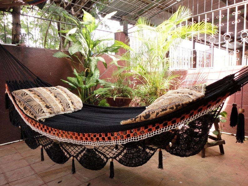 Black two lines Hammock, Hand Woven Natural Cotton with Special Fringe image 2