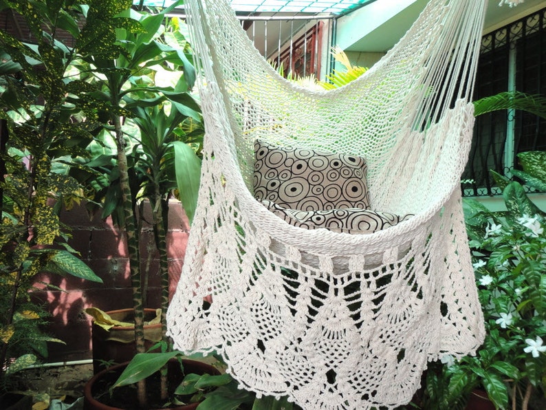 Hammock Chair White Bell Fringe Style. Craftwork Woven Fabric image 1