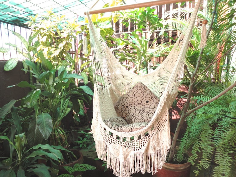 Hammock Chair Handmade with Natural Cotton and Wood. Indoor Outdoor Hanging Chair Swing. Beige White Reading Chair image 2