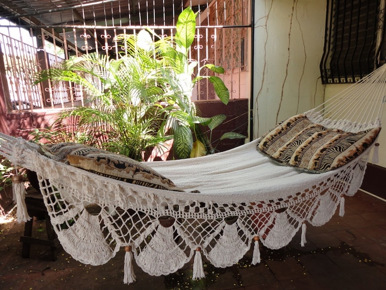Beige Jumbo Size Hammock. Handwoven with Natural Cotton and Special Fringe image 5